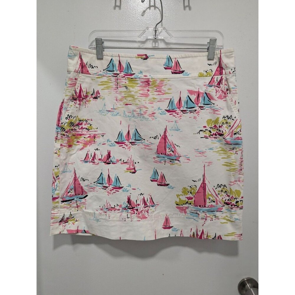 Talbots A-Line Short Skirt 12 White Multi Color Stretch Sailboat Coastal Cruise
